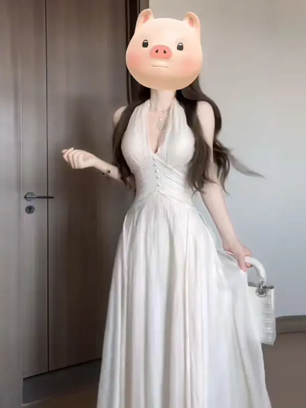 

Ele V-Ne Slim-Fit Fairy Dr Charming Summer Faion French Sle Pure Color Waist-Cinched Long Gown No-Sve A-Line