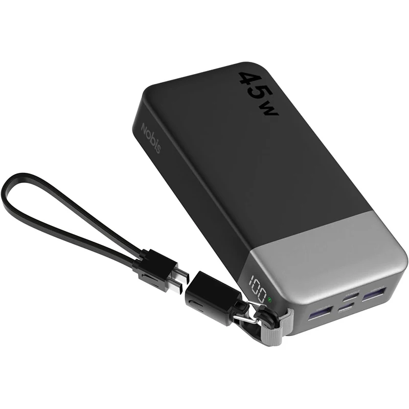 NOBIS Power Bank 45W 20000mAh, caricatore portatile a ricarica rapida, con tecnologia PD 3.0 e QC 4.0 e cavo USB-C staccabile, compatibile con iPhone 18/17/16/15/14/13 e Samsung S26/25/24/23.