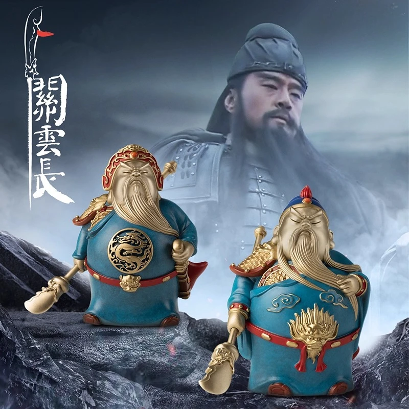 Mini Cute God of Wealth Guan Gong Statue Copper Desktop Decor Home Craft Ornament
