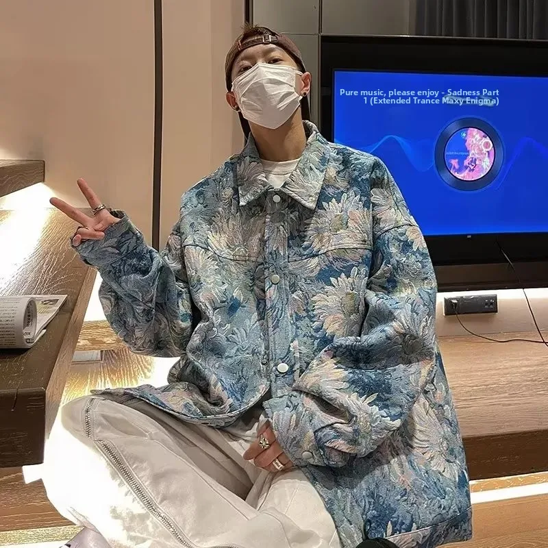 

Oversize Embroidered Floral Jaet for Boys Casual Spring irt Youth Trend Outerwear Loose Fit Long Sve Printed Collar