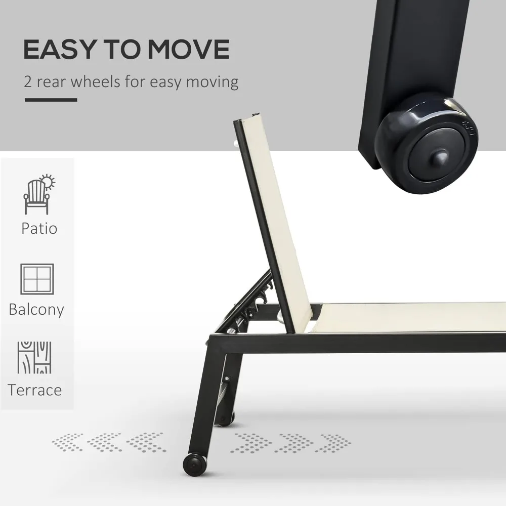 Outdoor Chaise Lounge with Wheels, Five Position Recliner for Sunbathing, Suntanning, Steel Frame