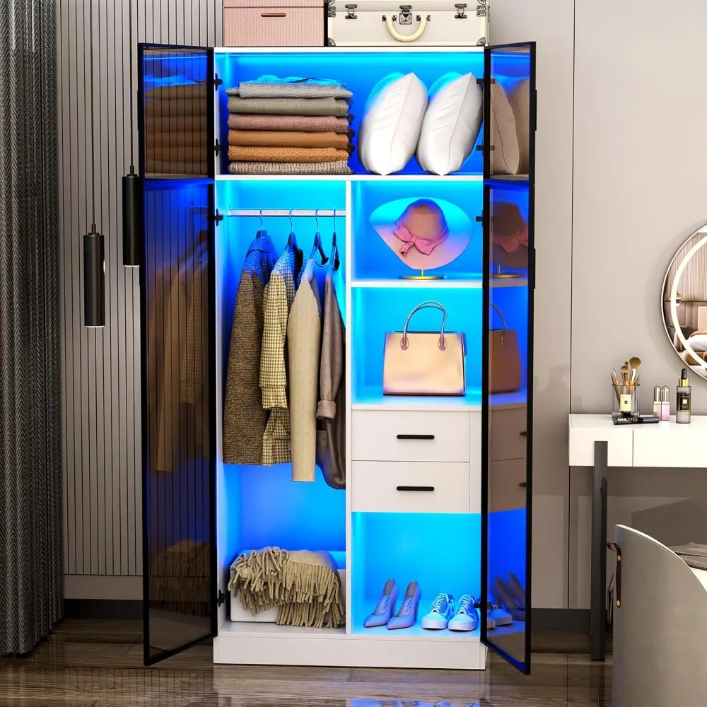 Armoire Wardrobe Closet with Lights, Bedroom Armoire with 2 Drawers, Human Body Sensor, Storage Cabinet with 4 Shelves