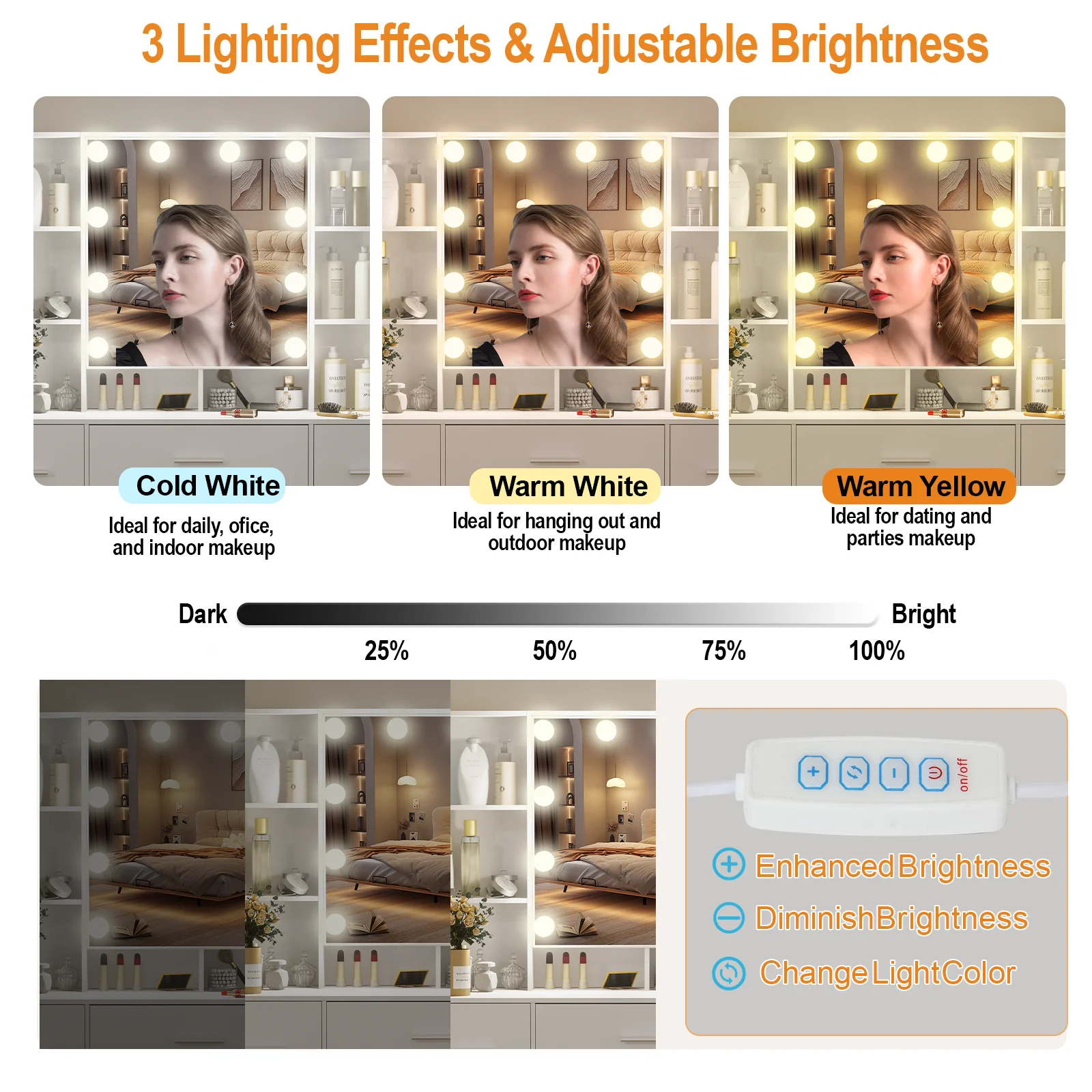 مجموعة كبيرة منضدة الزينة مع 3 ألوان قابلة للتعديل ومرآة مكياج LED لغرفة النوم للنساء مكونة من 7 أدراج باللون الأبيض #3