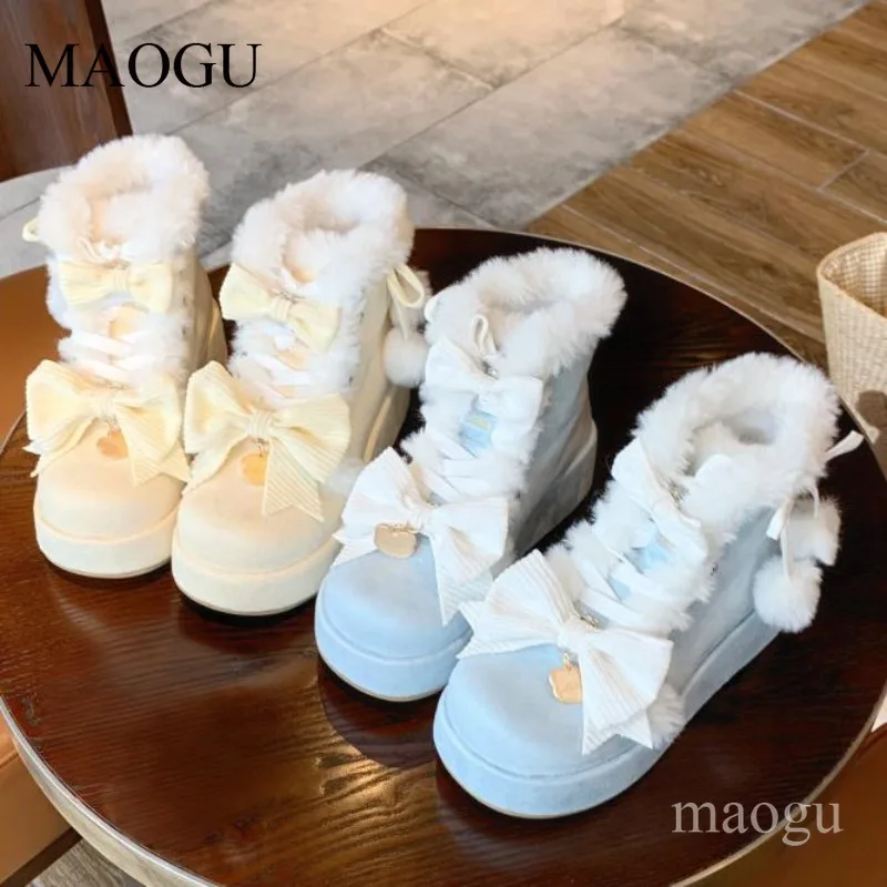 Winter Cos Shoes Sweet Girls Plush Snow Short Boots Women's Size 35-39 Lovely Lolita Shoe Bowknots Mid-Calf Platform Booties