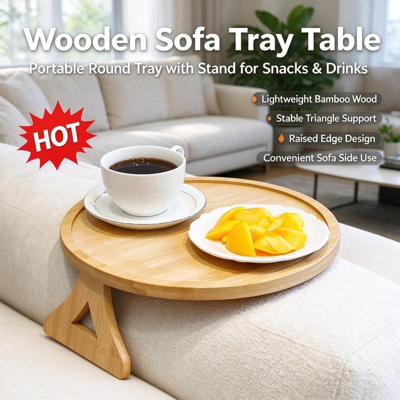 Clip-On Sofa Armrest Tray Natural Wood Side Table, Sofa Arm Holder for Remote, Coffee Cup, Snacks, Food TV Side Storage Tray