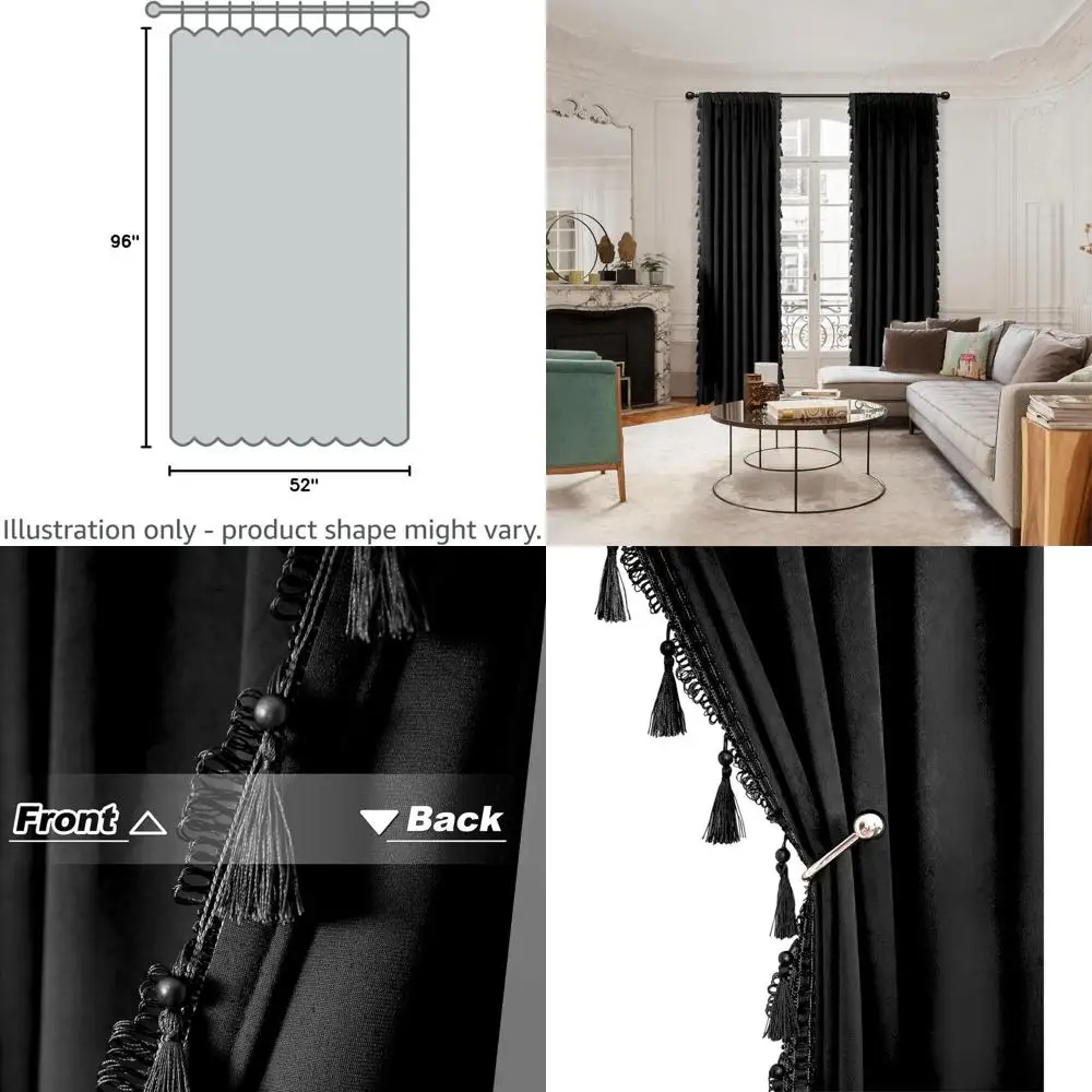 

96 бархатных затемненых штор с кисточками, 52 Вт x 96 л, звукоизоляционные термозащитные шторы для гостиной, комплект из 2 панелей