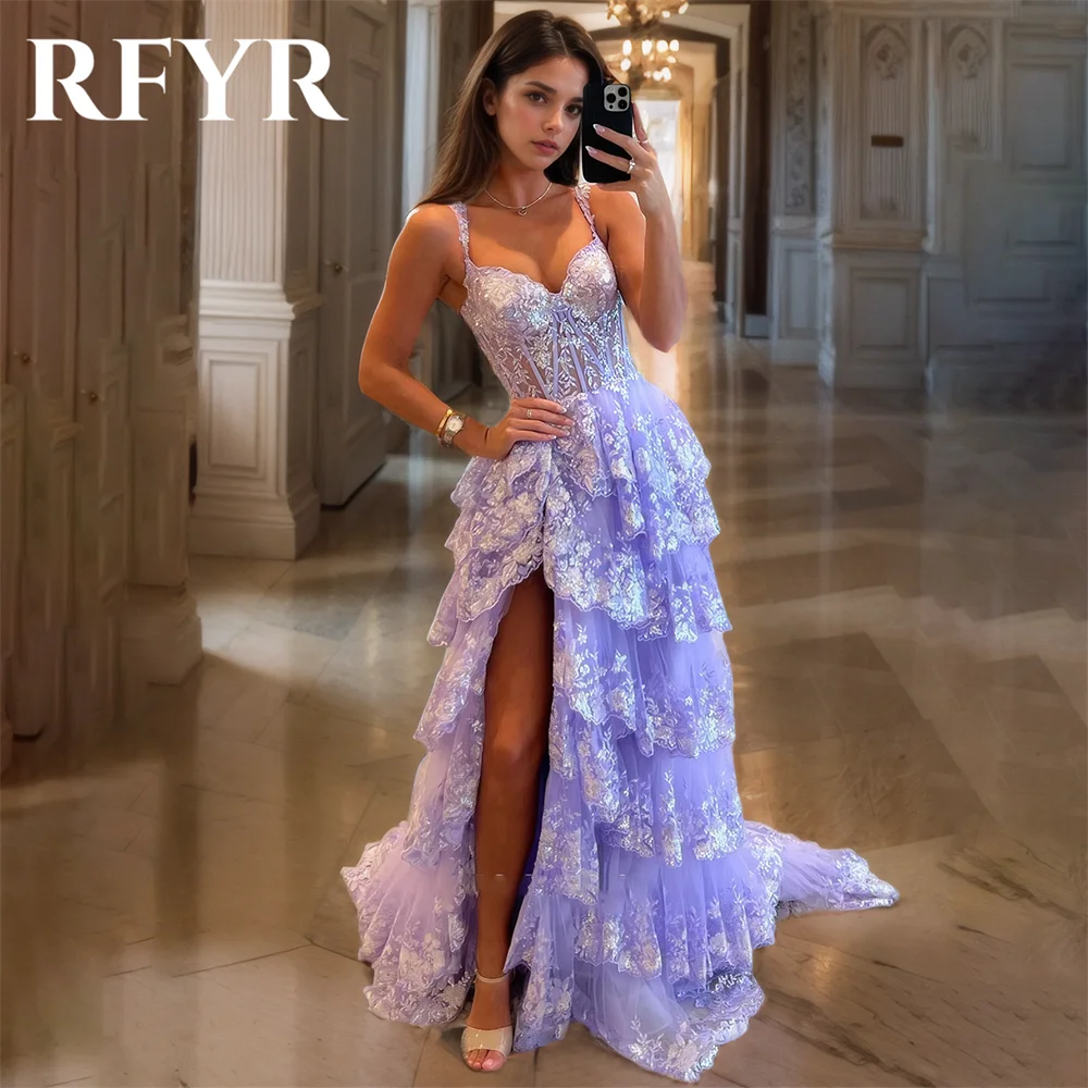 

RFYR Purple Evening Gown Beach Sequin Tiered Prom Dress Spaghetti Strap Pleats Appliques Evening Dress with Side Slit Customized