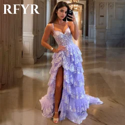 RFYR Purple Evening Gown Beach Sequin Tiered Prom Dress Spaghetti Strap Pleats Appliques Evening Dress with Side Slit Customized