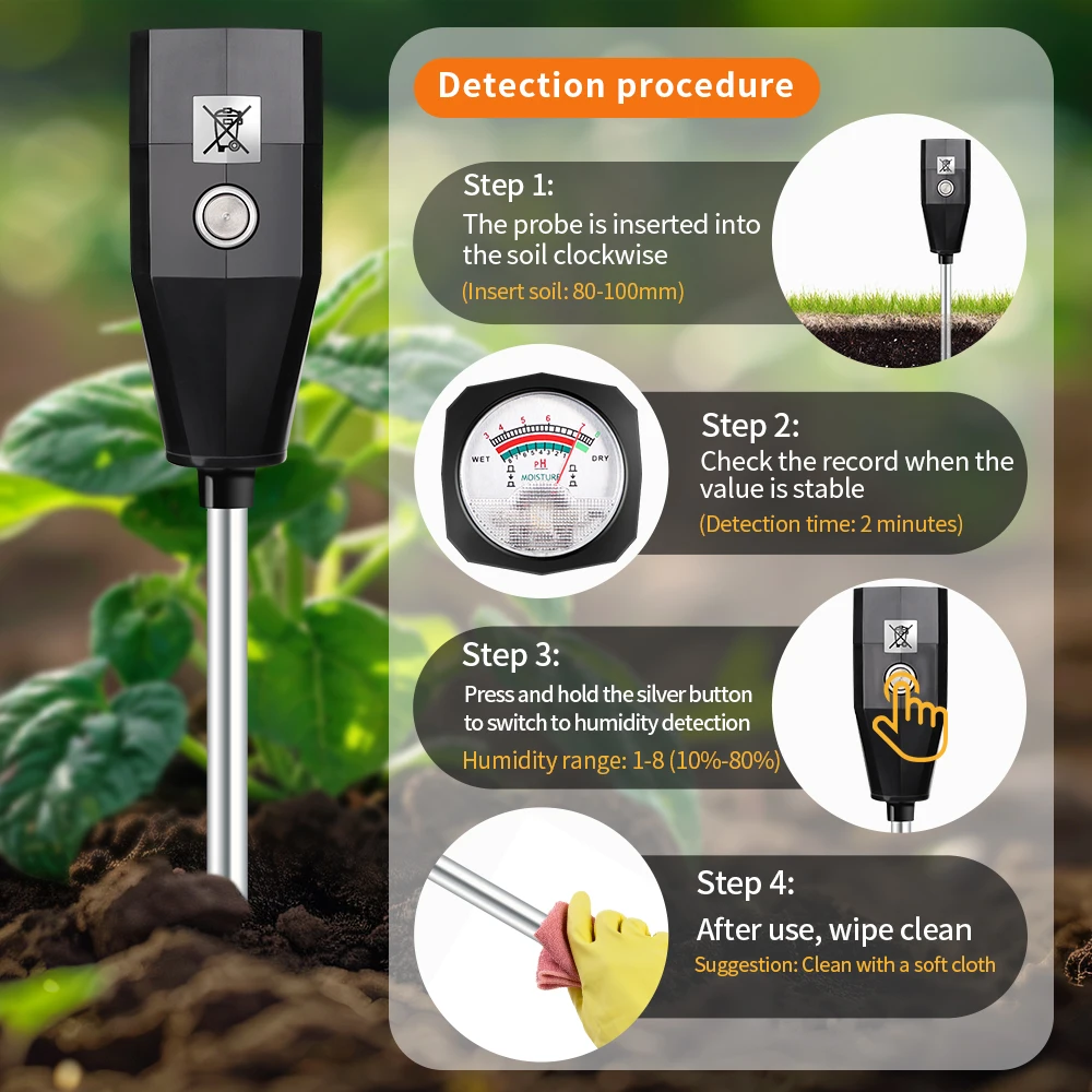 2 in 1 Soil Moisture PH Meter Acidity Humidity Tester Metal Sensor Probe No Battery Garden Tool Flowers Planting Soil PH Tester