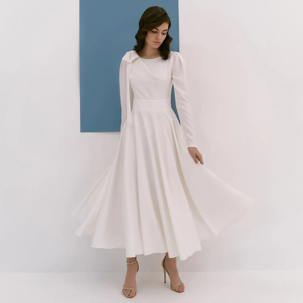 

Simple Wedding Dress Midi Long Sleeves A Line Scoop Short Gowns for Women 2023 Bride Bow Tea Length White Bridal Gown