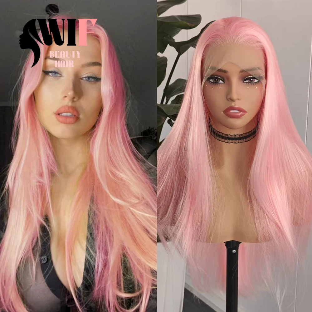 WIF Light Pink Synthetic Wig Long Silk Straight Lace Wigs for Women Makeup Use Cosplay Pink Hair Heat Fiber Lace Front Wig