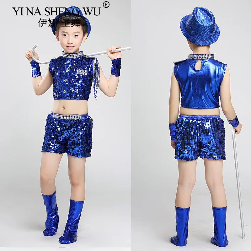 Kids Jazz Dance Costume Boys and Girls Blue Sequin Crop Top Suit Hip Hop Jazz Dance Performance Shirt Skirt Street Dance Wear