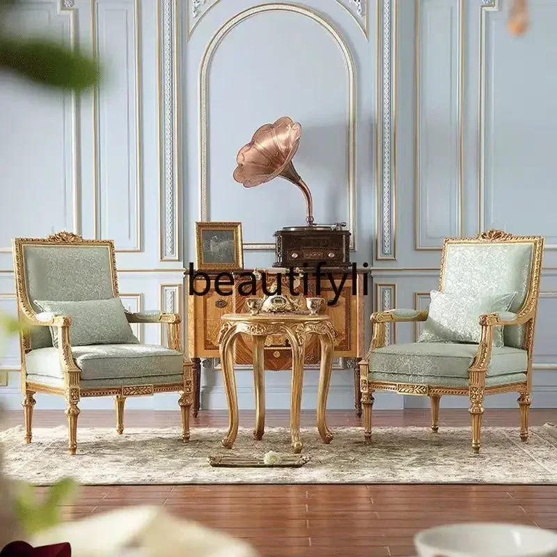 

Cy56 French court style fabric leisure chair carved gold-painted sofa chair retro European dining chair