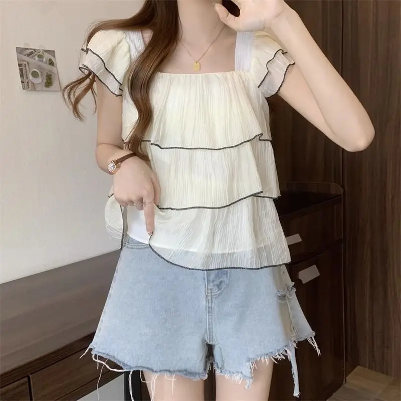 Ruffles Patchwork Sweet Shirt Tops Summer Thin Short Sleeve Youth Solid High Street Blouse Fashion Casual Trend Women Clothing