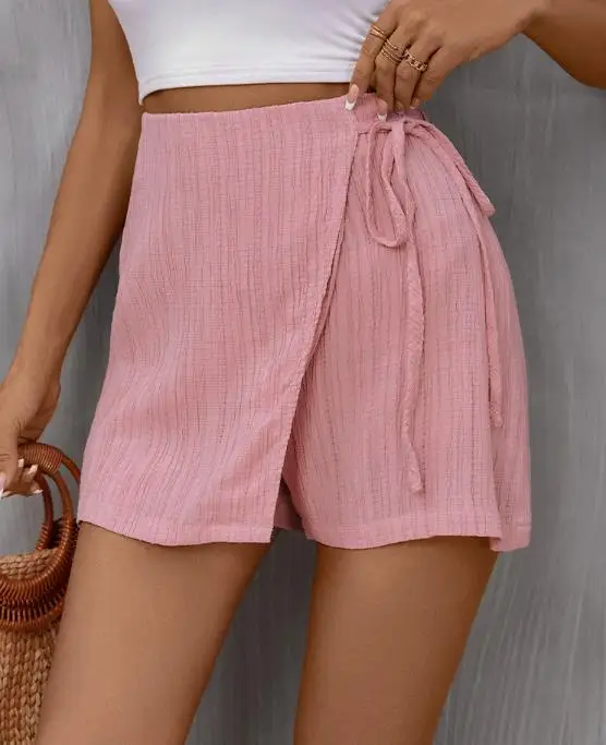 

Summer Solid Color Rest Texture Lace Up Slim Straight Leg Pants Skirt Women's Casual Temperament Elegant Design Shorts
