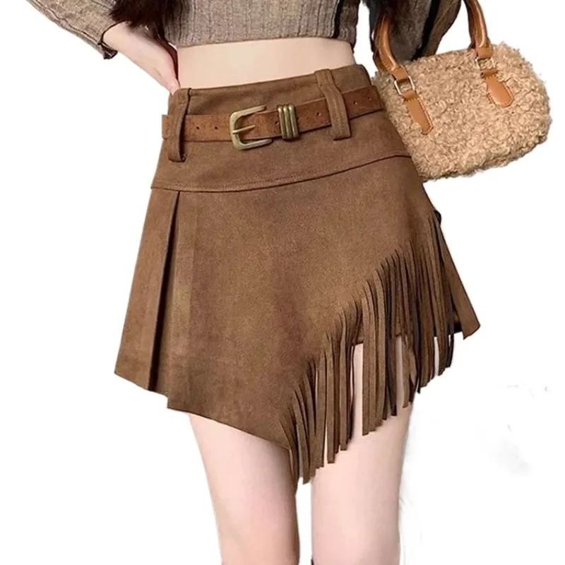 

Юбка большого размера с бахромой в стиле литературного и ретро. Женская нестандартная юбка трапециевидной формы с высокой талией. Дизайнерская замшевая юбка. Новинка.