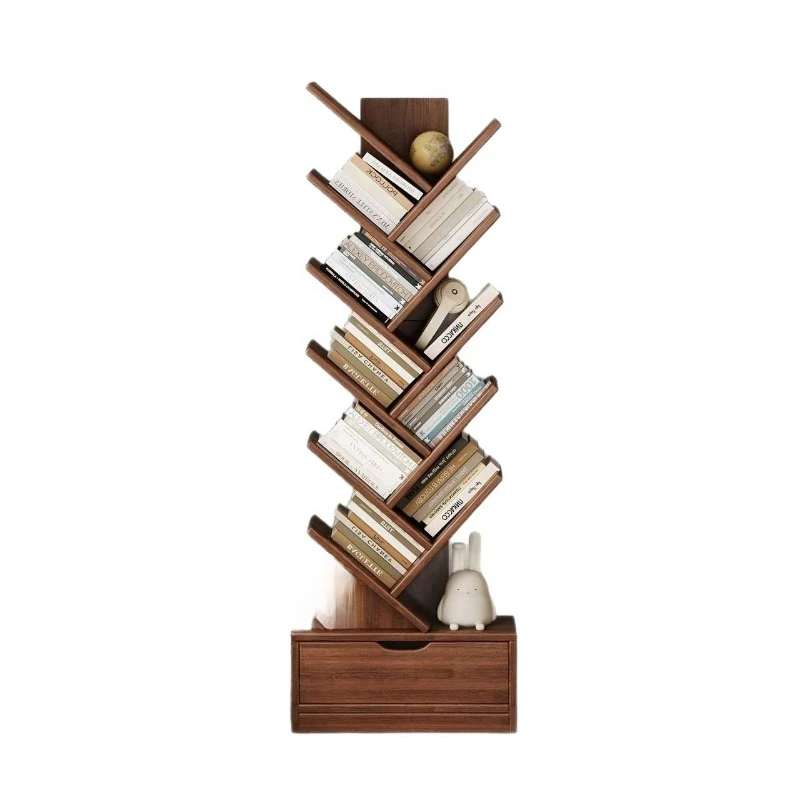 Bookshelf Tree-shaped floor-to-ceiling shelf Solid wood core Integrated wall bookcase Living room corner Small narrow storage