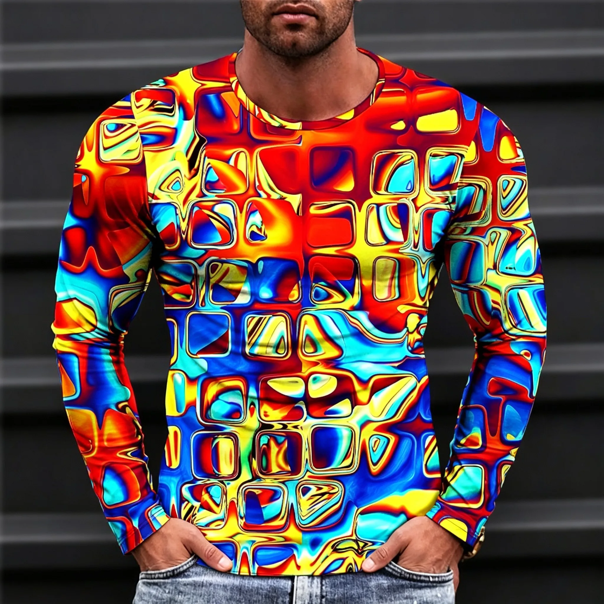 Men's Long Sleeve T-Shirt 3D Abstract Liquid Geometry Print Crew Neck Psychedelic Streetwear Casual Tops
