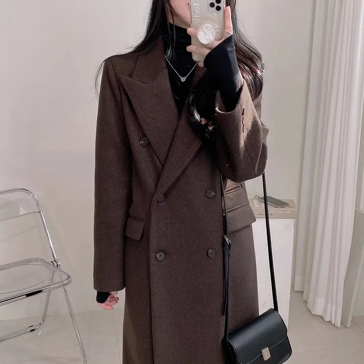 Korean Style Chic Autumn Winter Long Over-Knee Suit Jacket Double Breasted Midi Coat Casual Business Women's Fashion Outerwear
