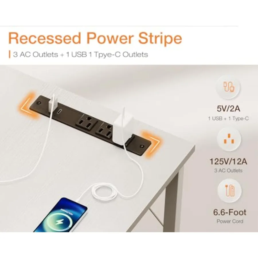 مكتب كمبيوتر مقاس 71 بوصة مع منافذ USB للمكاتب الكبيرة ومساحات الدراسة ومكتب كتابة طويل للطلاب باللون الأبيض بتصميم حديث #6