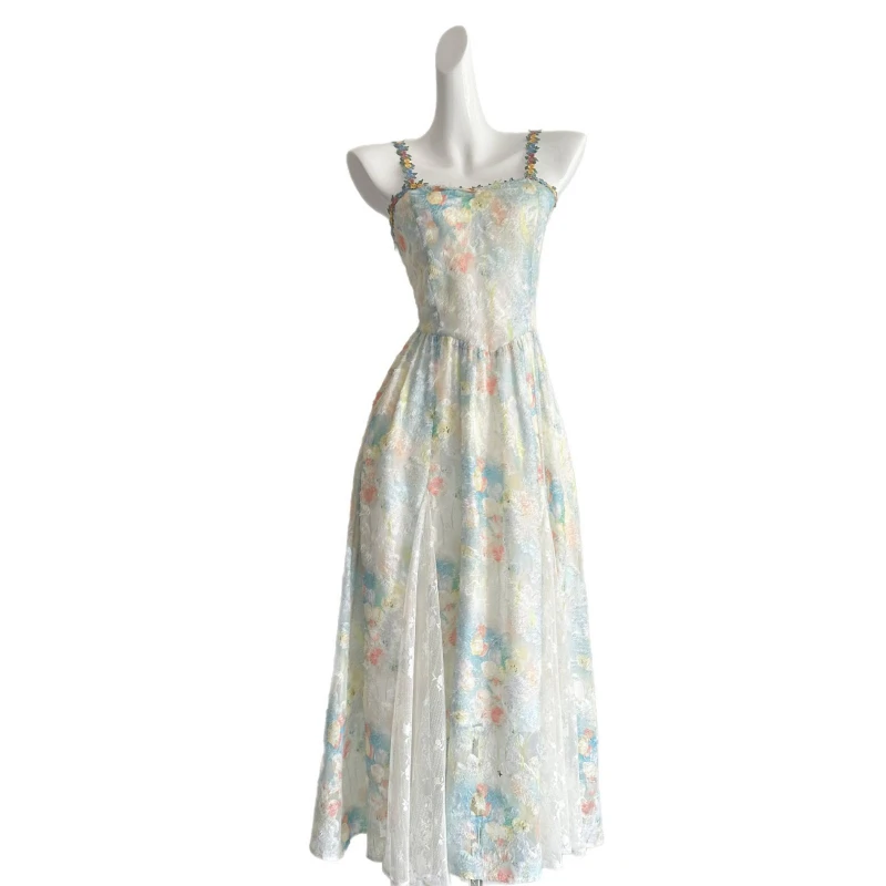 

Lifetime Monet Garden French Suspender Floral Summer New Long Dress Spring Outings Clothes Temperame Beautiful High Quality Cute