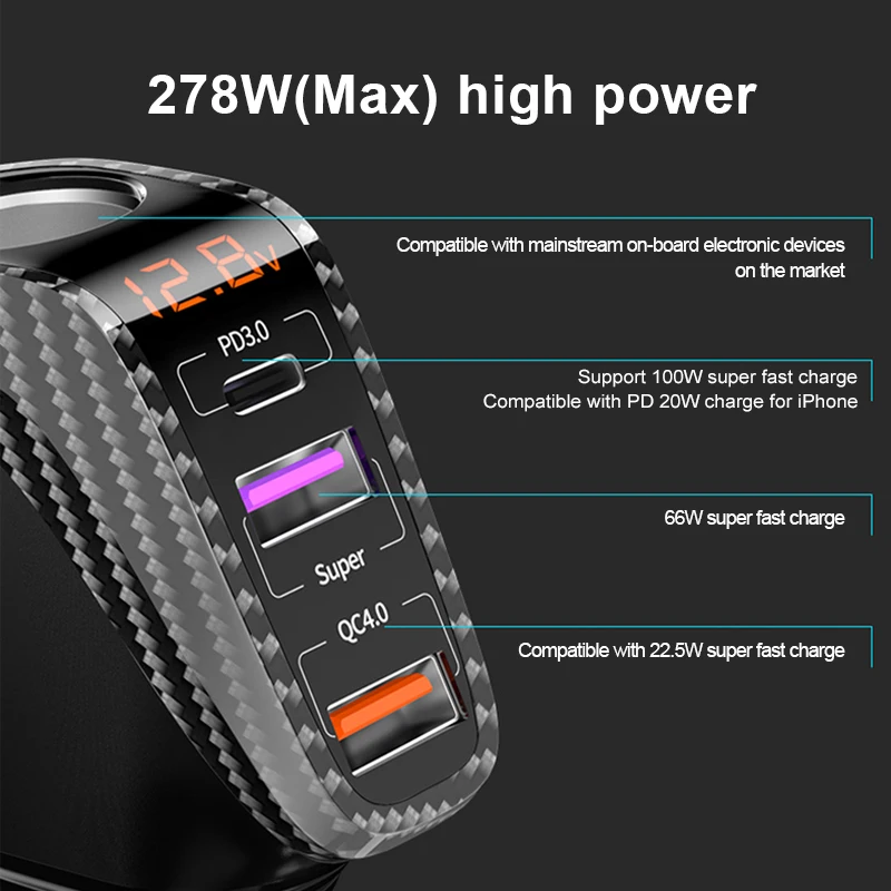 100W Car Charger PD 3.0/QC 4.0 Super Fast Charge Cigarette Lighter Phone Charger Quick Charge 3-Socket Universal for 12V/24V