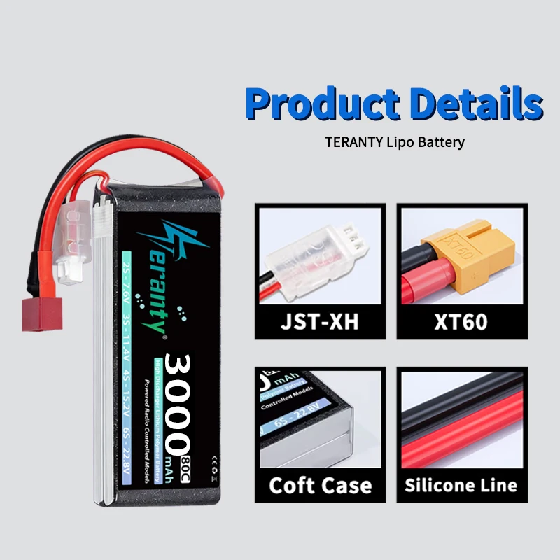 2Pcs TERANTY 2S Lipo Battery 7.4V 7.6V 3000mAh 60C 80C With T XT60 Plug for FPV Drone RC Trucks Boat Helicopter Airplane