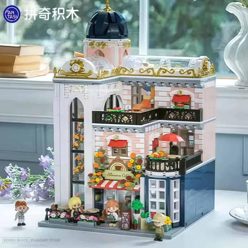 Pantasy Flower Coffee House Blocchi di costruzione assemblati Scena di strada Kawaii Modello giocattolo di grandi dimensioni Ornamento da tavolo Regalo di festa per bambini