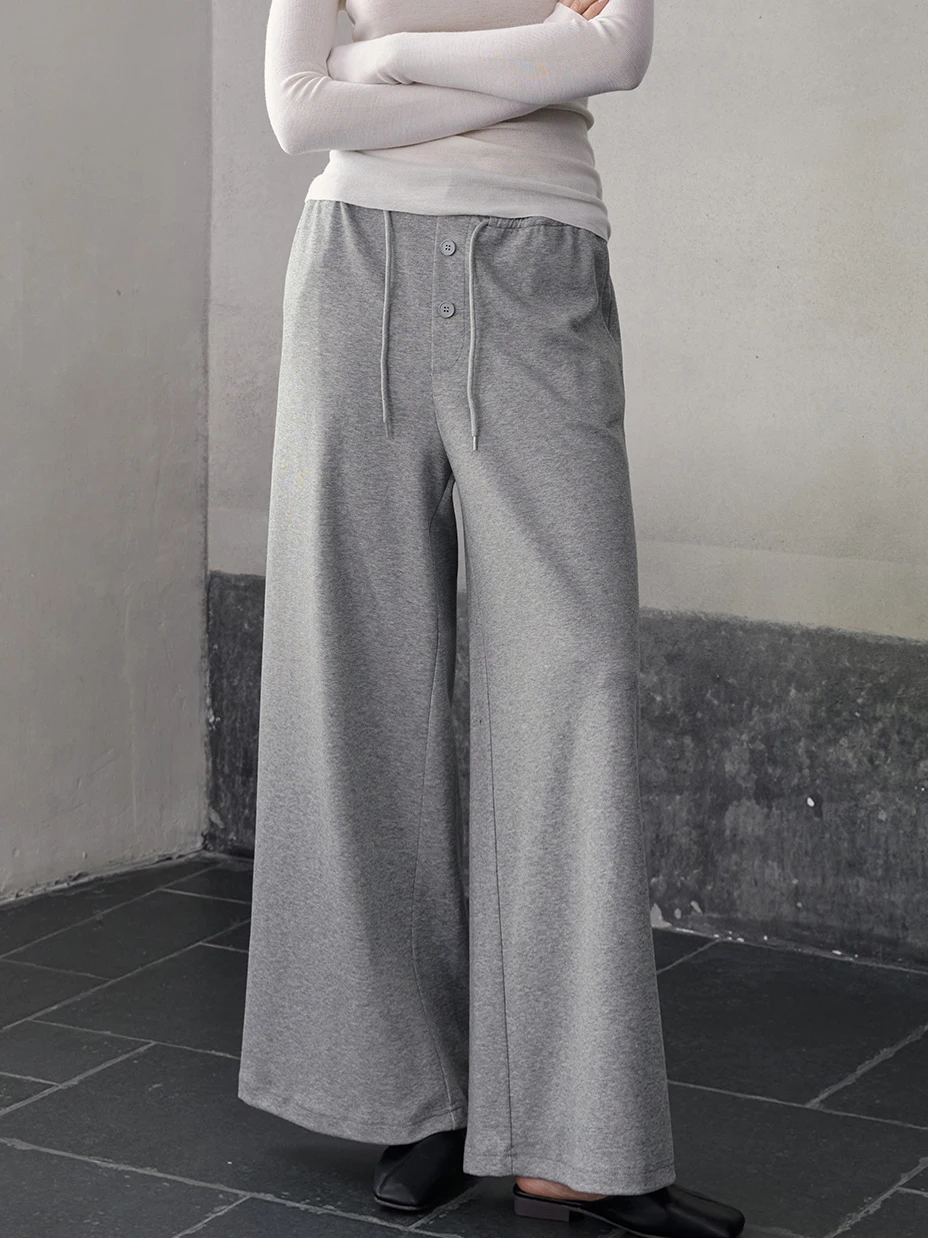 High Waist Elastic Waist Straight Leg Casual Pants Women's Spring Autumn Knitted Cuffed Drawstring Wide Leg Pants Versatile
