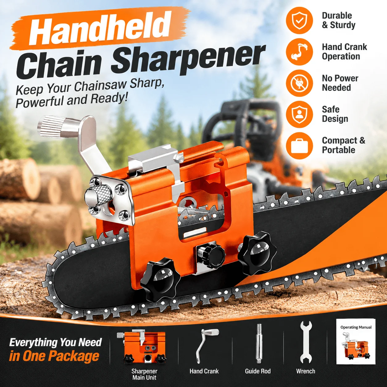 Chainsaw Sharpening Kit Portable Manual Chain Saw Blade Sharpener with Burr Stone, Guide Wrench and File Holder, Quick Grinding Tool for Wood Cutting Tree Pruning Forestry Farm Garage Outdoor Camping and DIY Maintenance, Strong Durable Construction