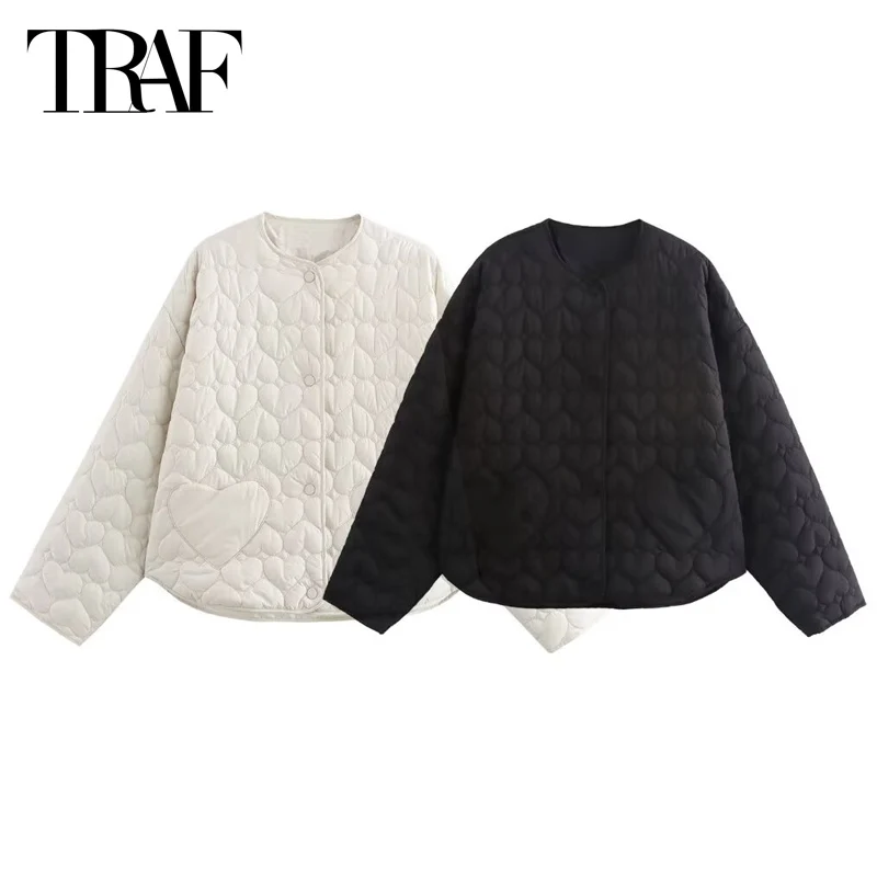 TRAF Heart Quilted Jacket Women's Jacket Demi-Season Black White O-Neck Parkas Long Sleeve Coat Lightweight Warm Padded Jackets