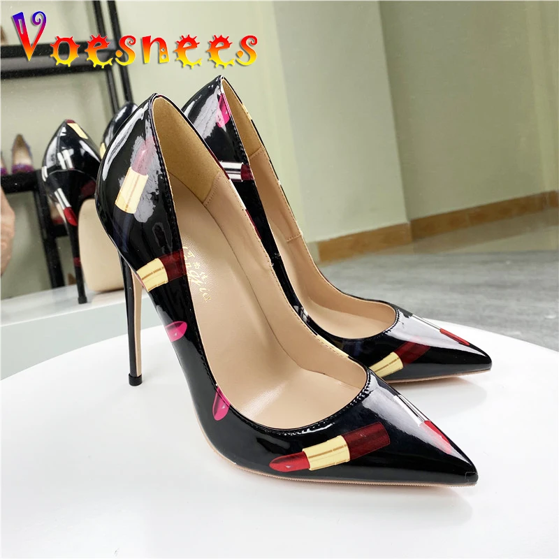 Designer Lipstick Print High Heels Nightclub Black Pointed Tip French Single Shoes 10CM Fashion Fetish Women's Pumps Big Size