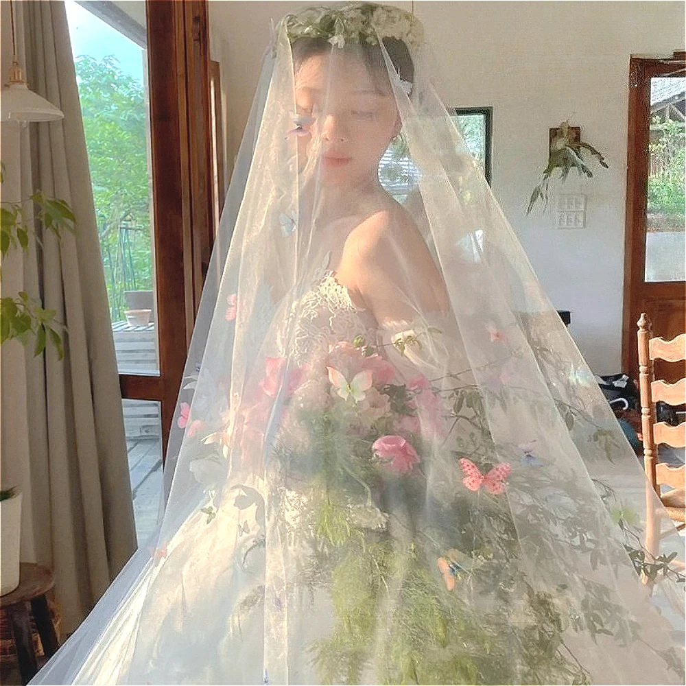 

Colorful Butterfulies Cathedral Veil Soft Tulle with Cut Edge Wedding Veils Wedding Accessories Bride to be