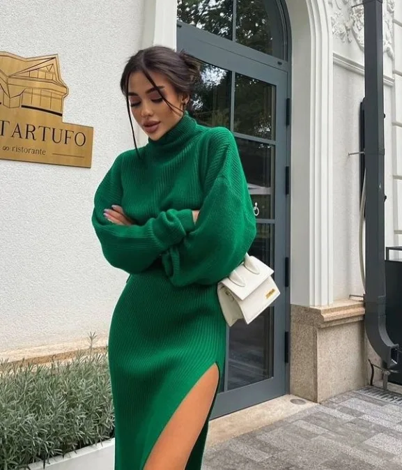 Turtleneck Knitted Sweater Skirt Two Pieces Set Women Autumn Winter Long Sleeve Pullover Sexy Side Split Midi Skirts Suit