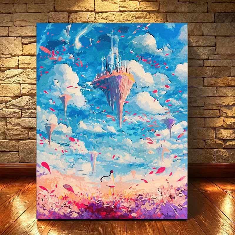 1 Set Professional Art Use Adult Digital Oil Painting Painting Kit Coloring, Dreamy Sky Floating Castle And Sea of Flowers Girl,
