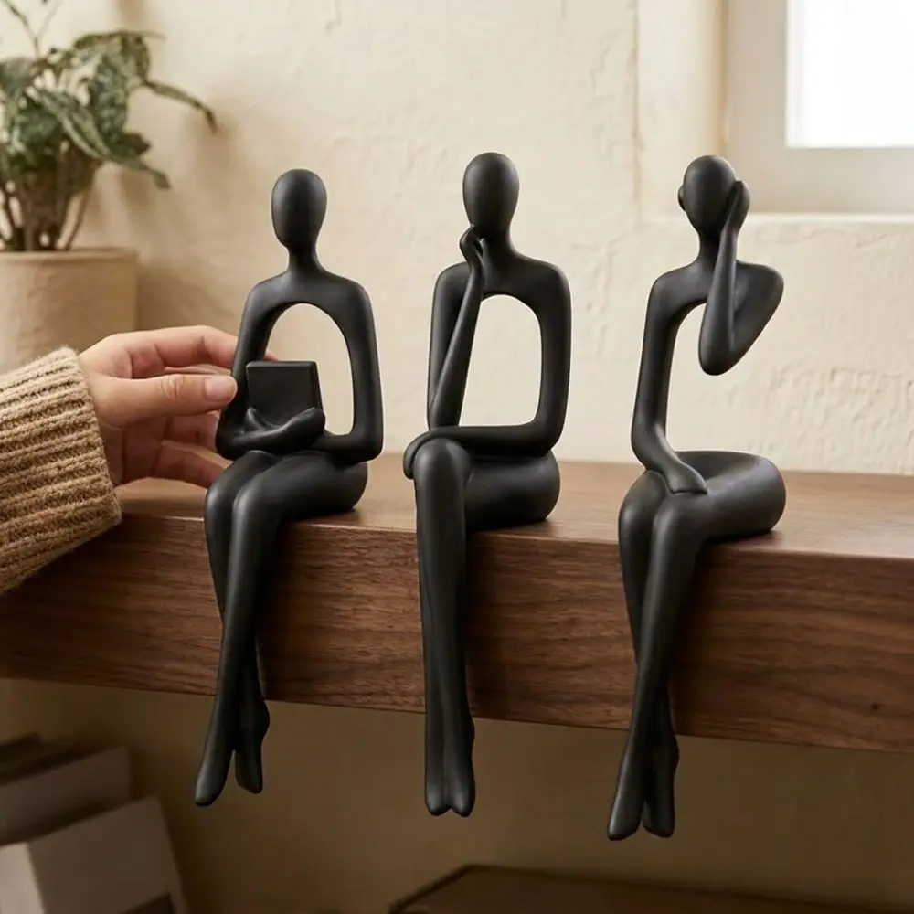 3Pcs Minimalist Abstract Sitting Human Sculpture Set Long Leg 3D Printed Hollow Reading Thinking Figurine Handmade Plastic