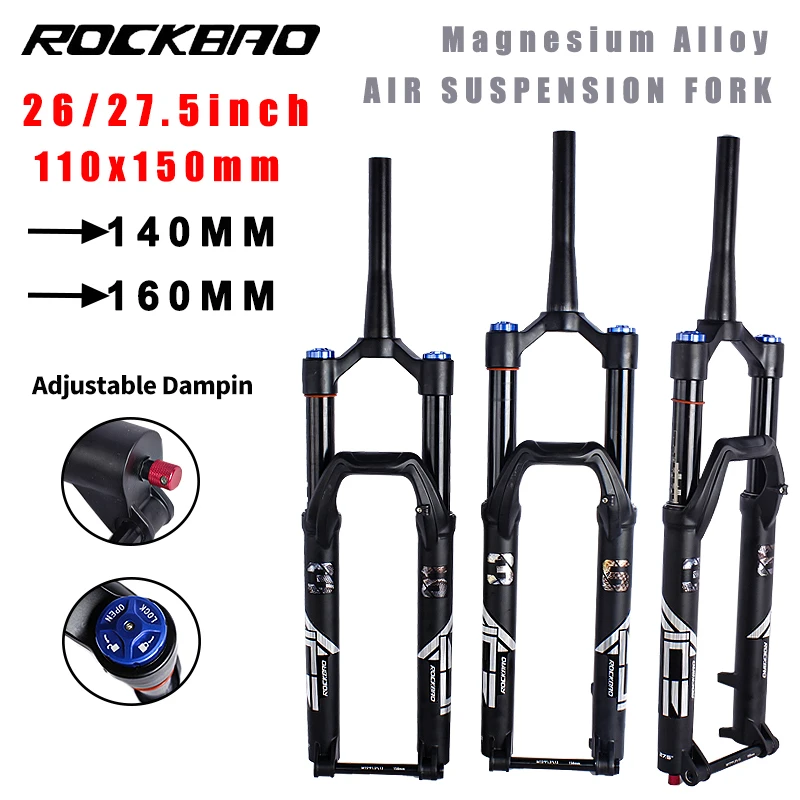 ROCKBAO Bike Fork Rebound Adjustable MTB Air 26/27.5Inch Front Suspension 140/160mm Travel Tapered 110X15mm Fork Bicycle Parts