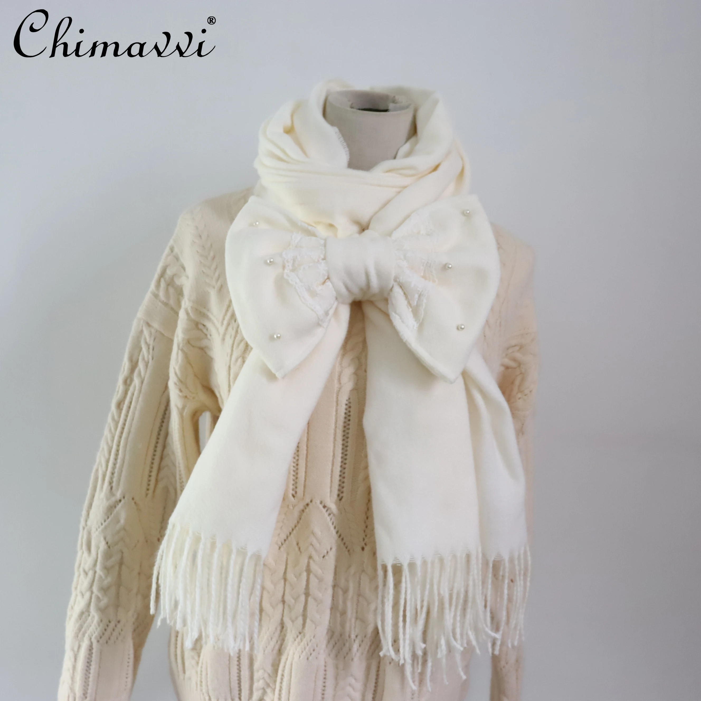 Japoński szal w stylu słodkim, apaszka z uroczą kokardką, jednolity kolor, uniwersalny, odpinany, lolita, dwufunkcyjny, uroczy, miękki szal dla dziewczyn.