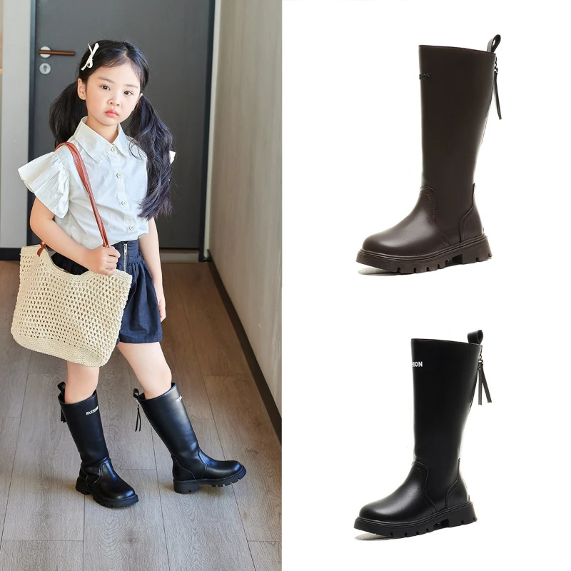 2025 Autumn New Children Knee-high Boots for Girls Fashion Korean Style Soft Bottom Anti-slippery Princess Catwalk Leather Shoes