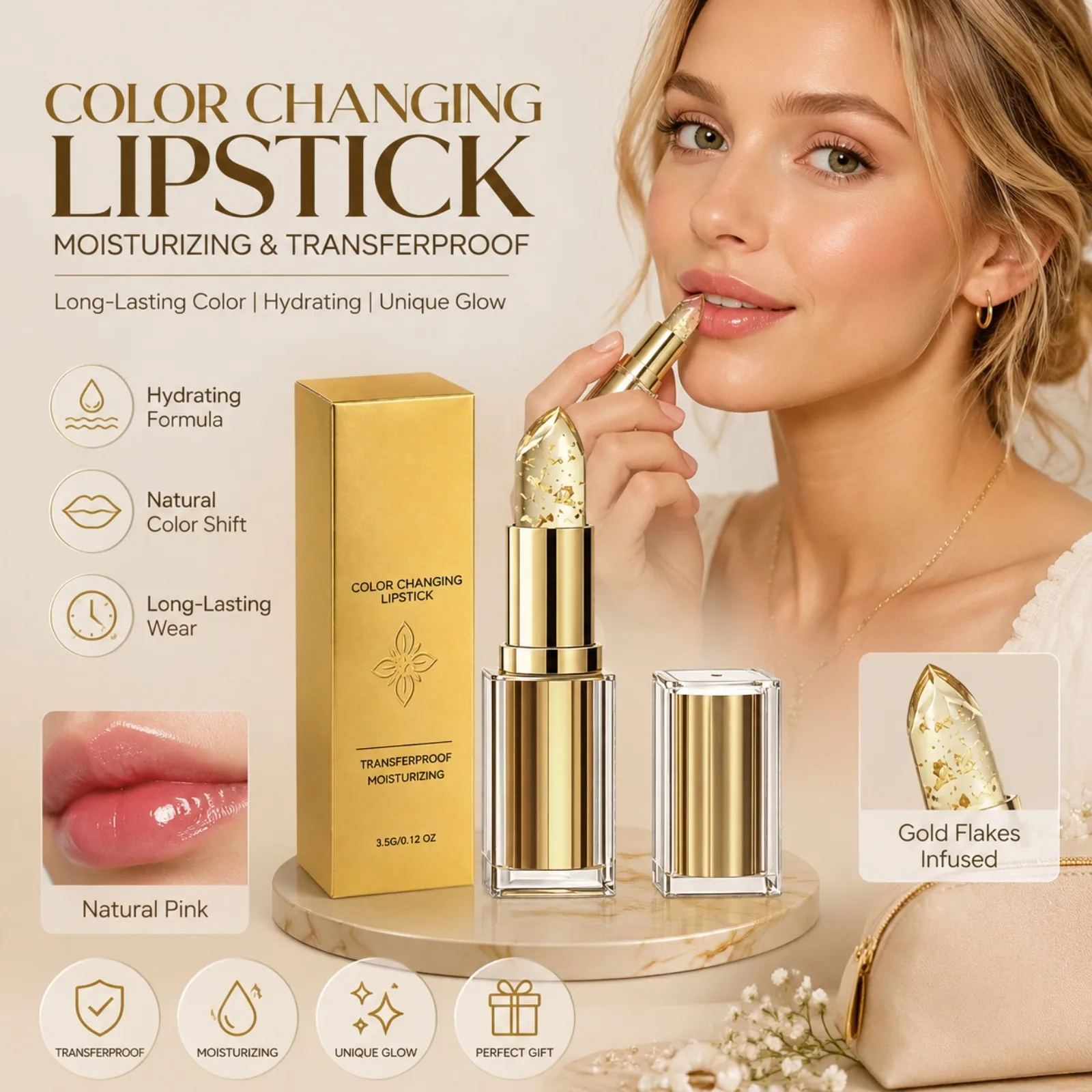 Gold Foil Lipstick Color Changing Lip Balm Long Lasting Moisturizing Lip Gloss Personalized Lip Color Daily Makeup Lip Care