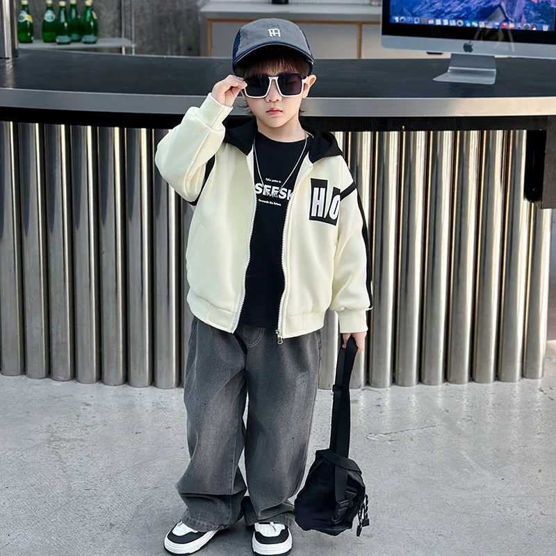 

Весенняя модная бейсбольная куртка для мальчиков, повседневная верхняя одежда для малышей, с капюшоном, из смесового хлопка и полиэстера, дышащая, на молнии