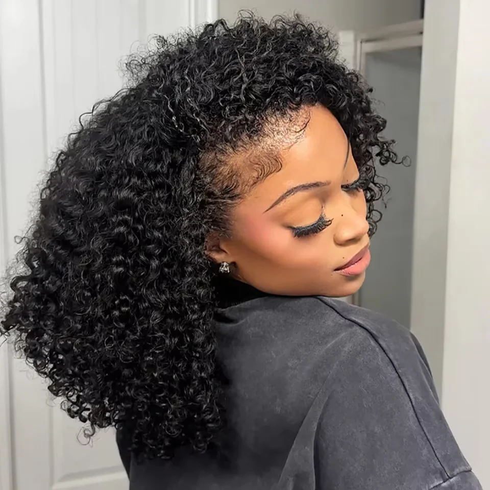 32 Inch Natural Black Curly Brazilian Remy Human Hair 3 In 1 Half Wig 200% Density No Leave Out Full Machine Made Seamless Clips Adjustable Drawstring Soft Bouncy Minimal Shedding Heat Resistant Wigs For Black Women