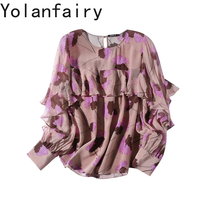 YOLANFAIRY 100% Real Mulberry Silk Ruffle Blouse Femme 2025 Autumn High-end Long Sleeve Shirts Woman Elegant Ladies Tops Blouses