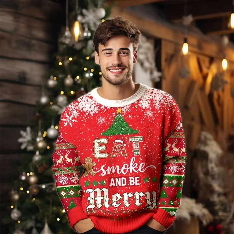 Nowy męski świąteczny sweter typu ugly sweater, modny sweter z nadrukiem 3D Świętego Mikołaja, Jezusa i alpaki, okrągły dekolt, świąteczne bluzy, luźne, oversize'owe pulowery
