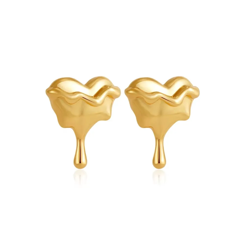 Polished Lava Textured Heart Dripping Droplet Mini Ear Studs Quality Gold Plated Geometric Non Tarnish Earrings Chic Jewelry New