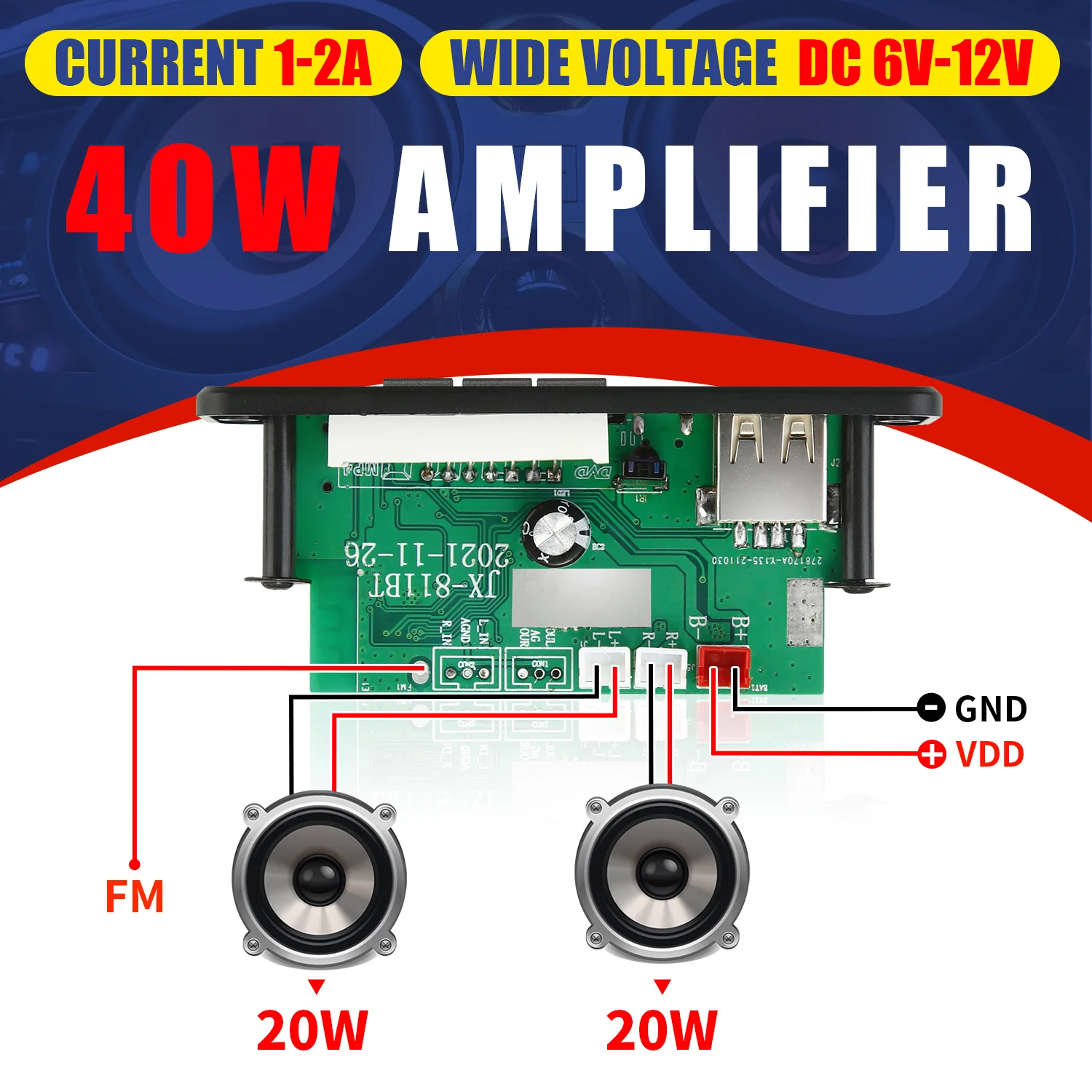 20PCS DC 12V  Bluetooth  MP3 Decoding Board 40W Amplifier Audio DIY MP3 Player Car FM Radio Module TF 3.5mm Mic USB Record Call