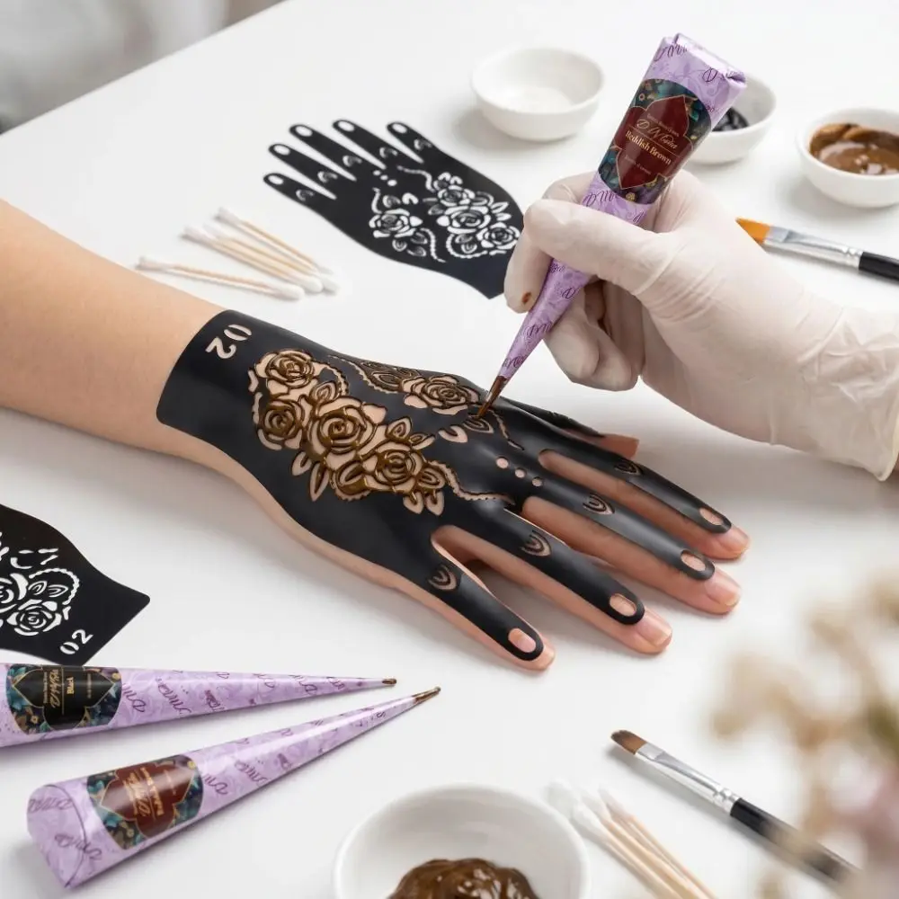 Hollow Henna Hand Tattoo Stencils Self-Adhesive Fine Line Pattern Flower Finger Tattoo Stencils Reusable Tattoo Templates