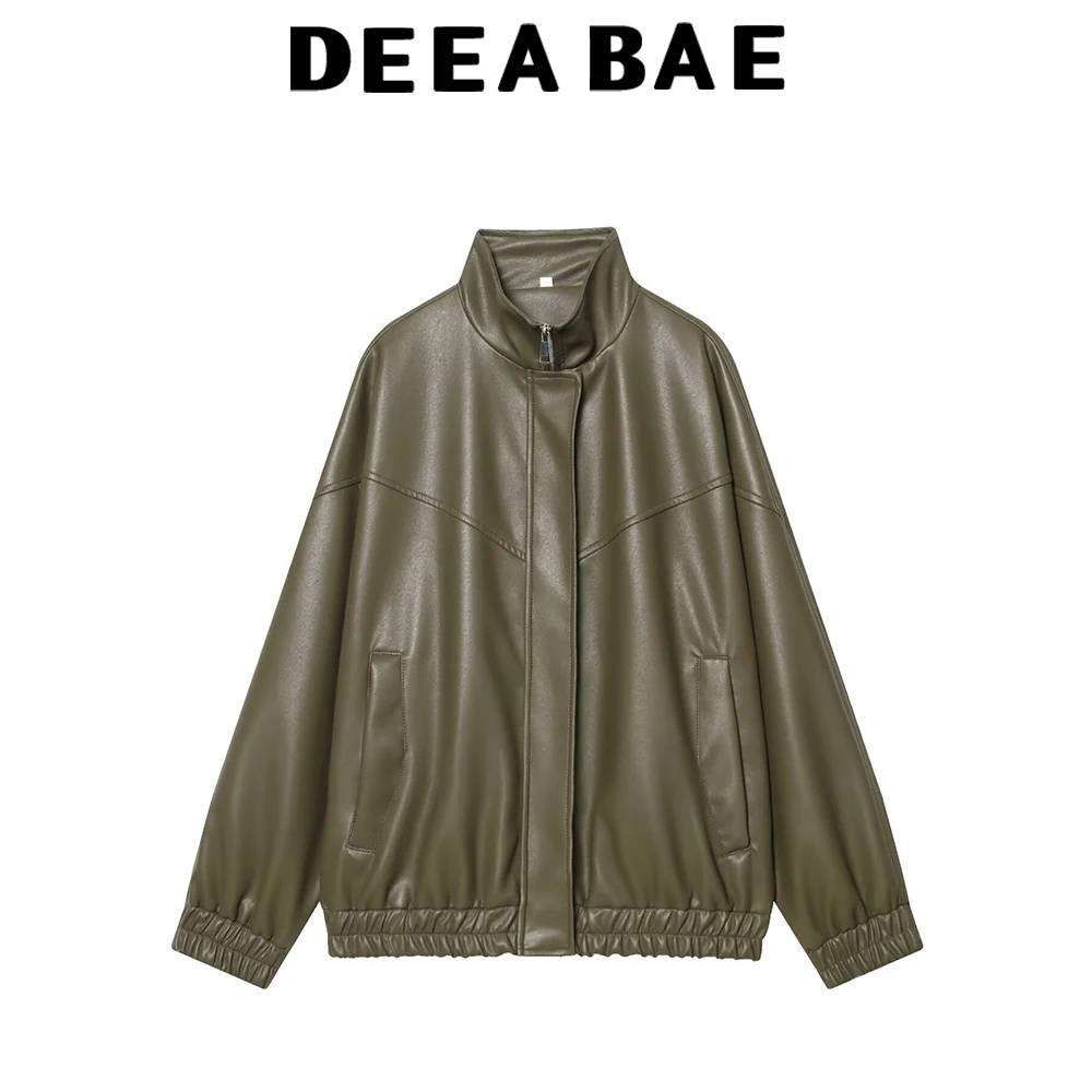 DEEABAE 2025 冬 レディース カジュアル ジップアップ 長袖 スタンドカラー PU フェイクレザー パイロットジャケット コート