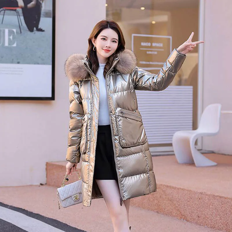 Fashion Down  Women\'s Long 2022 New Glossy Foreign Style Slim High-grade White Duck Down Winter Warm Washless Coat Women