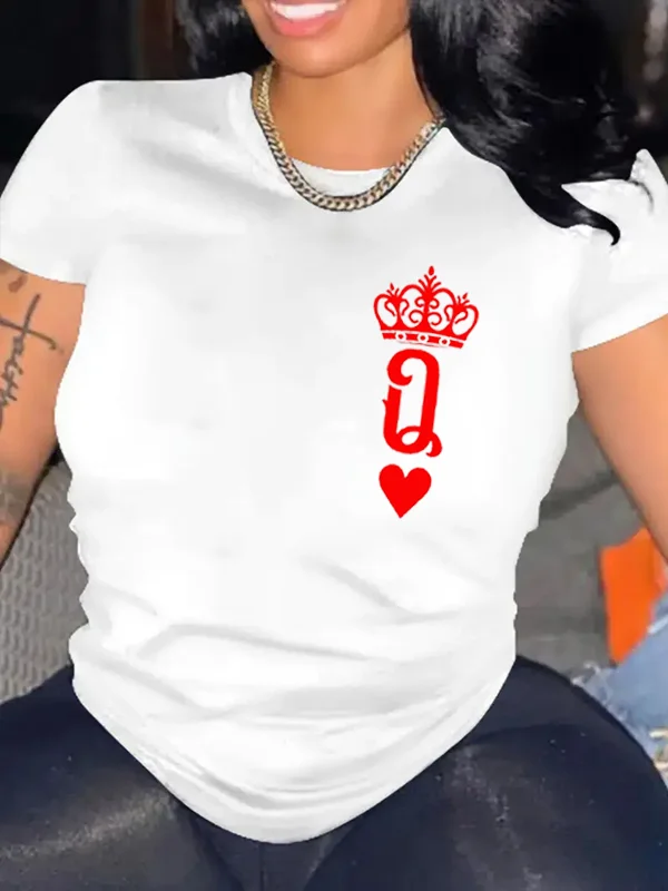 Q Love Crown Succinct Print Lover Female T-shirt 2024 New Fashion Trend Literary Valentine's Day Female Shirt Casual Couple Tee